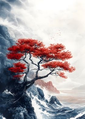 Red Tree on Cliffside