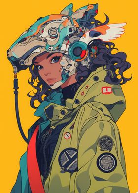 Cyberpunk Woman with Mechanical Helmet