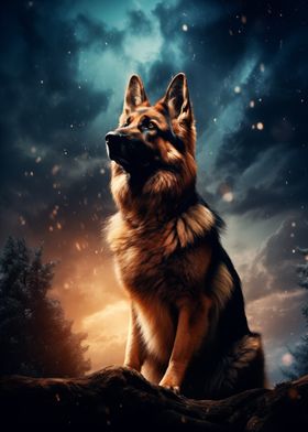 German Shepherd Under Stormy Sky