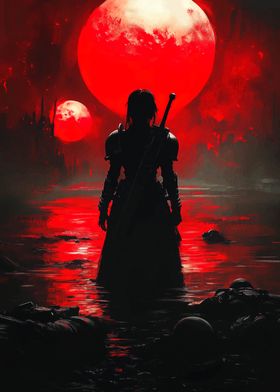 Silhouette Warrior Under Red Moon