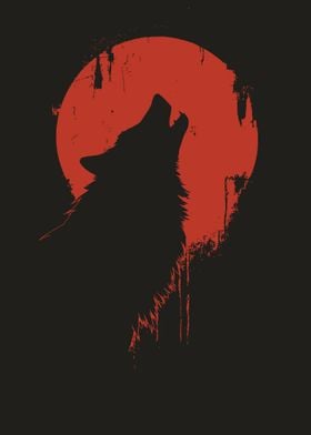 Wolf Howling at Red Moon