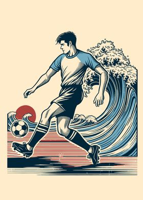 Soccer Player and Wave Japanese style Ukiyo-e