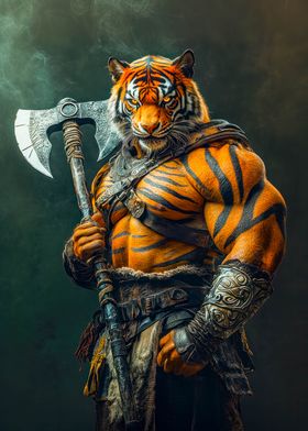 Medieval Fantasy Tiger Warrior with Axe