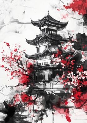 Japanese Pagoda with Cherry Blossoms