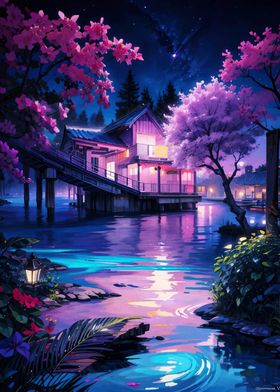 Nighttime Lakeside House