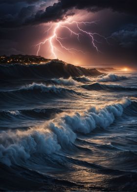 Lightning Storm Over Waves