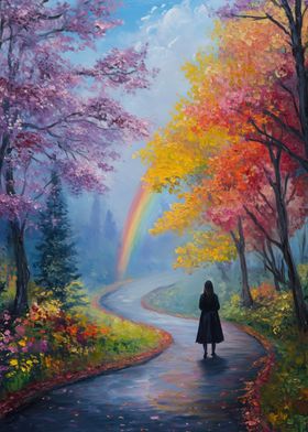 Woman Walking Towards Rainbow