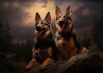 Two German Shepherds at Dusk