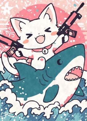 Kawaii Cat Riding Shark with Guns