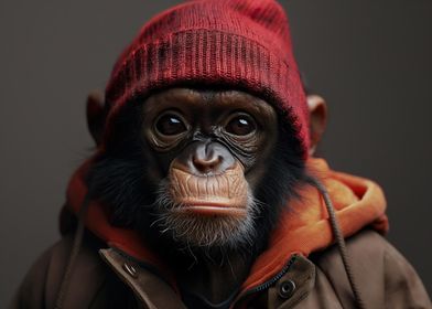 Chimp in Red Beanie