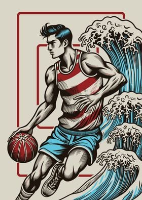 Basketball Player with Waves Ukiyo-e