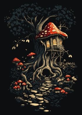 Goblincore - Mushroom House in the Woods