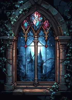 Stained Glass Castle Window View