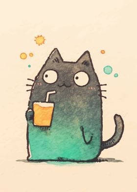 Cute Cat Drinking Juice