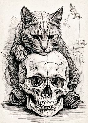 Cat on Skull