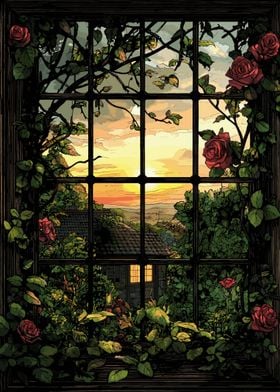 Red Roses and Sunset View Through Window