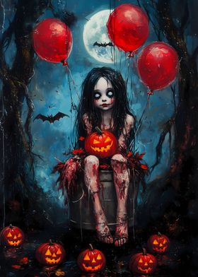 Halloween Girl with Pumpkins