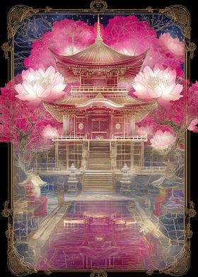 Japanese Pagoda with Lotus Flowers