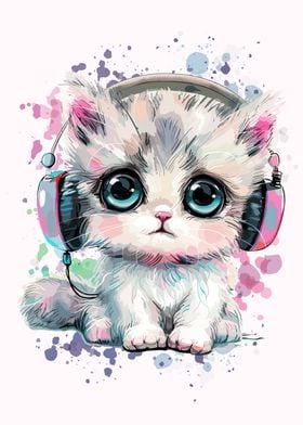 Cute Kitten with Headphones