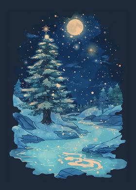 Snowy Night Forest