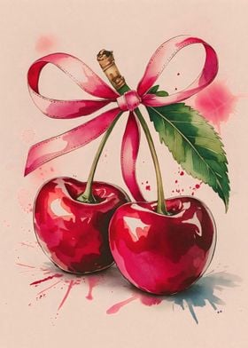 Watercolor Cherries with Bow