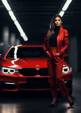 Red BMW and stylish woman