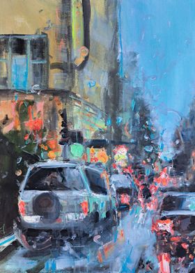 Cityscape with Cars in Rain