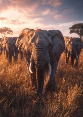 Elephant Herd at Sunset