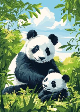 Panda Family in Nature