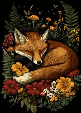 Cottagecore Sleeping Fox in Flowers