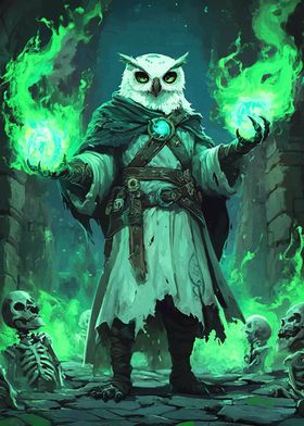 Owl Wizard with Green Flames