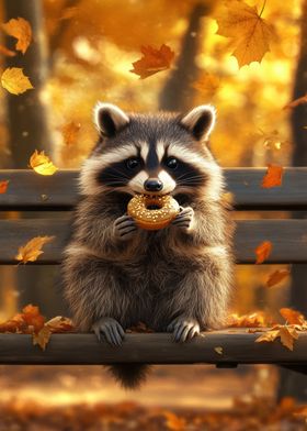 Raccoon Eating Donut in Autumn