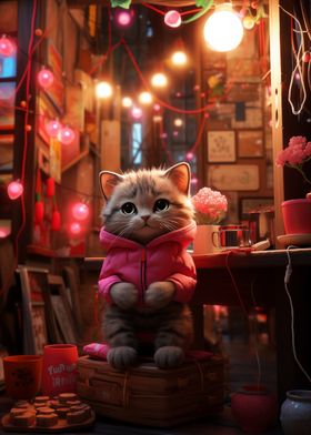 Cute Cat in Pink Hoodie