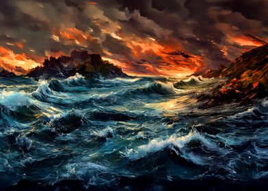  Fiery Sunset  on a Stormy Sea Painting