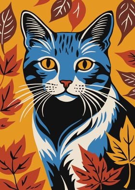 Blue Cat with Autumn Leaves