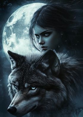 Wolf and Woman Under Moon