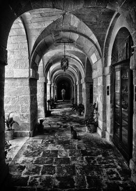 Stone Archway Passage in Black and White