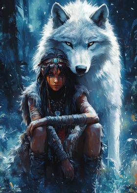 Wolf and Woman in Forest