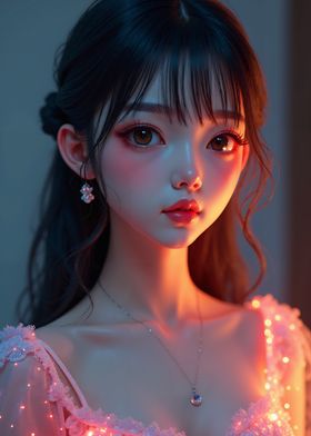 Enchanting Anime-Inspired Portrait of a Beautiful Girl with Big Eyes, Glossy Lips, and Dreamy Lighting - Fantasy Art for Wall Decor