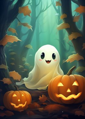 Cute Ghost with Pumpkins