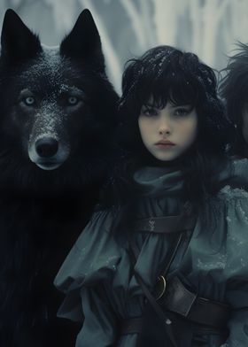 Girl with Wolf in Snowy Forest