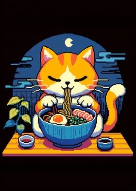 Cat Eating Ramen Pixel