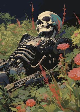 Robot Skull in Flowers