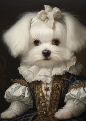 Dog in Renaissance Dress | Noble Maltese with Bow | Classic Victorian Pet Portrait