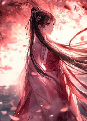 Anime Girl in Red Kimono