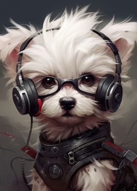 Maltese Dog with Headphones | Futuristic Pet Art | Dog with Headphones