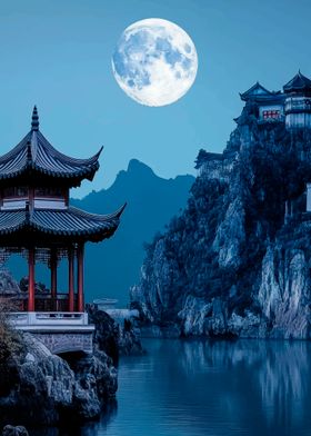 Chinese Pagoda Under Full Moon