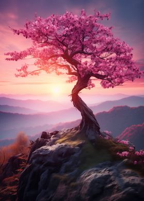 Pink Blossom Tree on Mountaintop