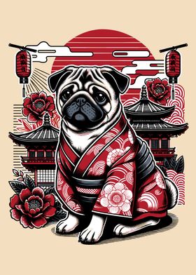 Pug in Kimono japanese art