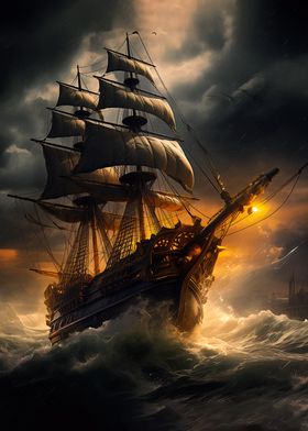 Galleon in Stormy Seas